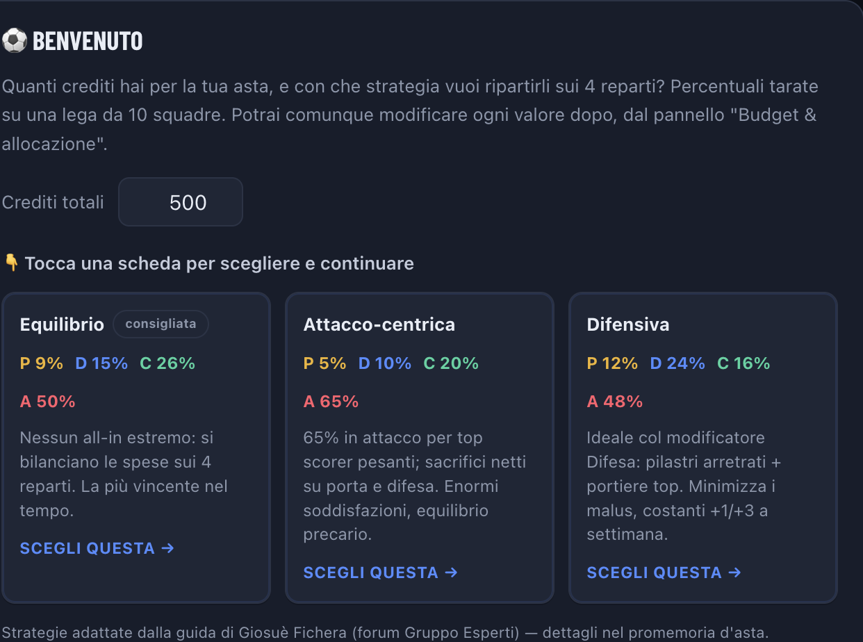 Schermata di benvenuto con scelta di budget e strategia (Equilibrio, Attacco-centrica, Difensiva)