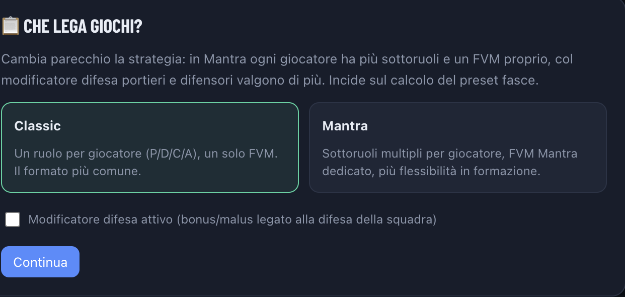 Scelta tra formato Classic e Mantra, con checkbox modificatore difesa